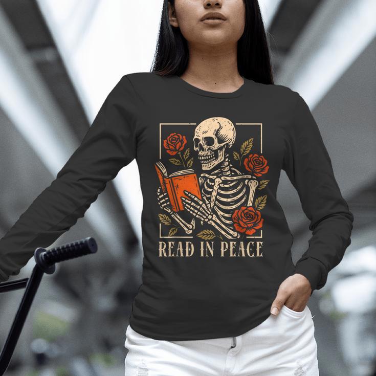 Read In Peace Skeleton Reading Book Halloween Teacher Unisex Long Sleeve T-Shirt