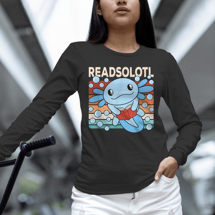 Readsolotl Blue Kawaii Axolotl Book Lover Reading Retro Unisex Long Sleeve T-Shirt