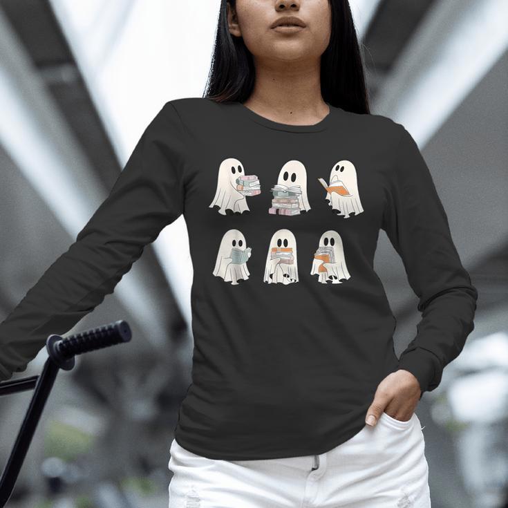 Retro Ghost Reading Books Halloween Bookish Ghost Bookworm Unisex Long Sleeve T-Shirt