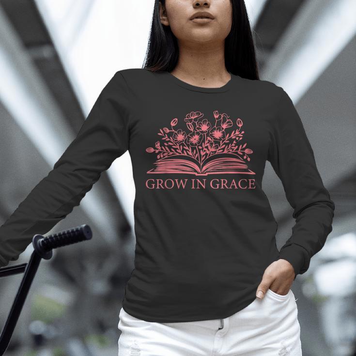Retro Grow In Grace Wildflower Book Christian Bible Verse Unisex Long Sleeve T-Shirt