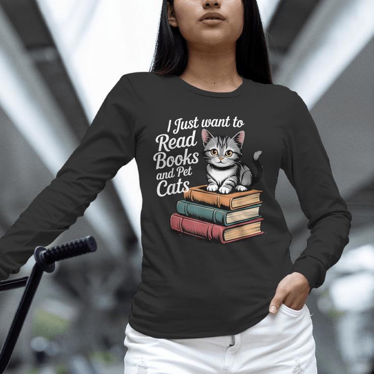 Retro I Just Want To Read Books And Pet Cats Cat For Men Women Kids Unisex Long Sleeve T-Shirt