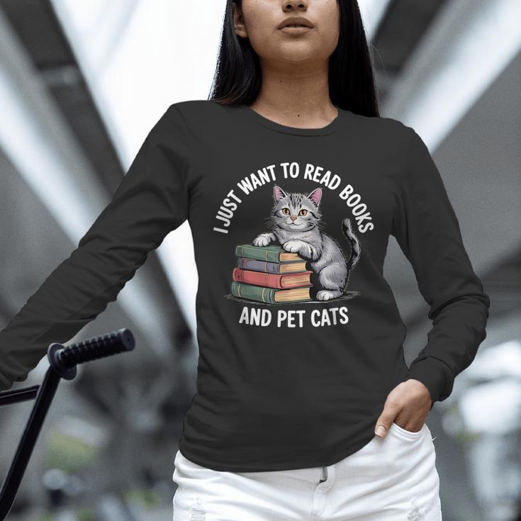Retro I Just Want To Read Books And Pet Cats Unisex Long Sleeve T-Shirt