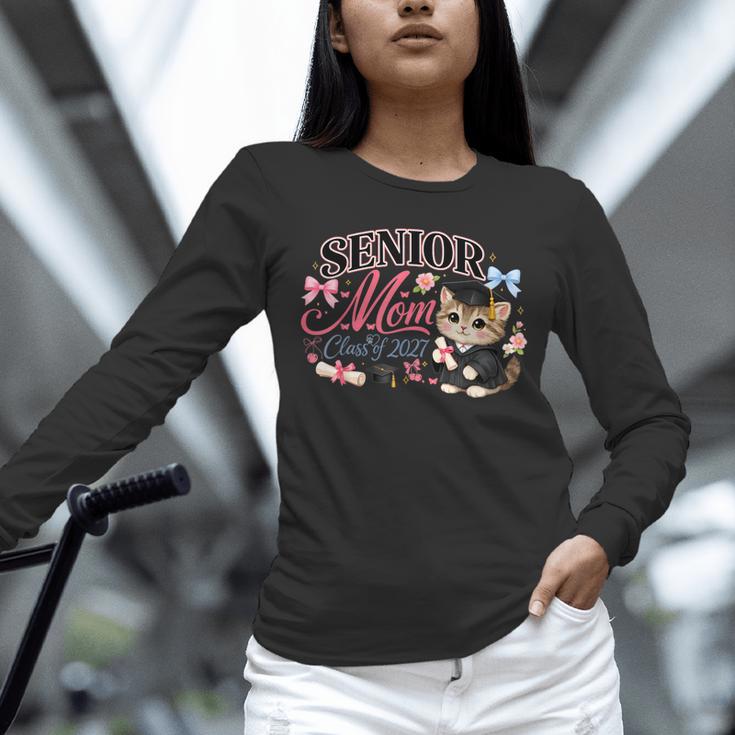 Senior Mom Class Of 2027 Cute Cat Graduation Pink Bows Girls Unisex Long Sleeve T-Shirt