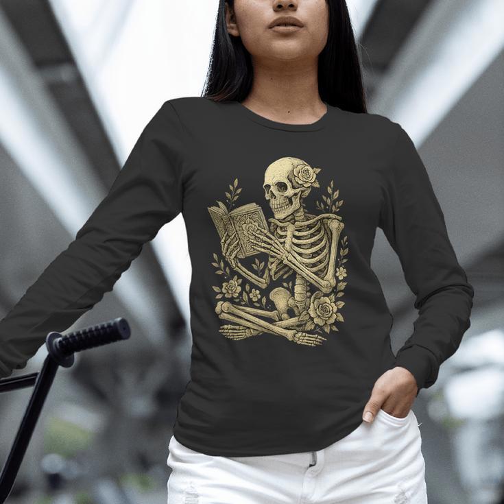 Skeleton Book Floral Skull Halloween Teacher Costume Unisex Long Sleeve T-Shirt