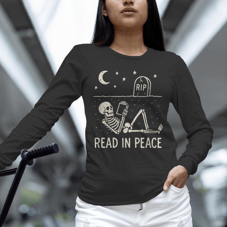Skeleton Read In Peace Halloween Book Graphic Bookish Unisex Long Sleeve T-Shirt