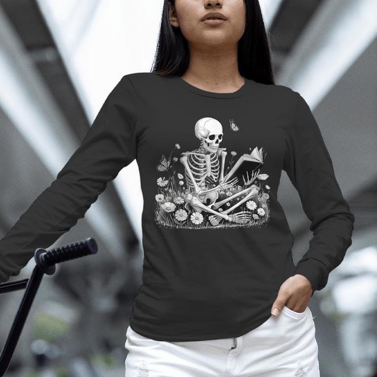 Skeleton Reading Book Floral Dark For Book Lovers Unisex Long Sleeve T-Shirt Skeleton Reading Book Floral Dark For Book Lovers Unisex Long Sleeve T-Shirt