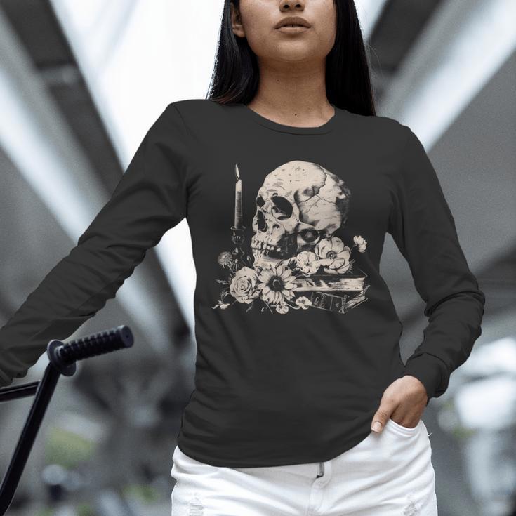 Skull Books Flowers Goth Reader Grunge Dark Alt Aesthetic Unisex Long Sleeve T-Shirt Skull Books Flowers Goth Reader Grunge Dark Alt Aesthetic Unisex Long Sleeve T-Shirt