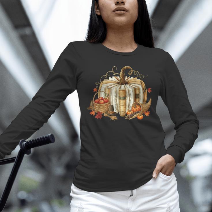 Teacher Book Pumpkin Fall Reading Thanksgiving Autumn Unisex Long Sleeve T-Shirt