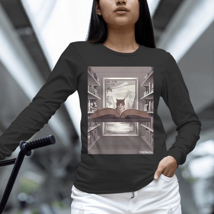 Totally Weird Tees Cat Library Book Reading Literary Unisex Long Sleeve T-Shirt