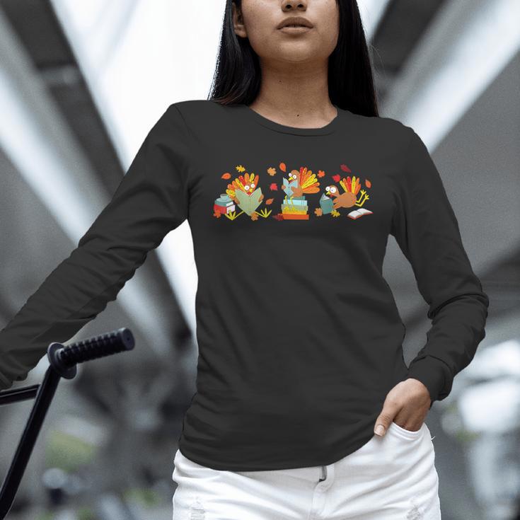 Turkey Reading Books Fall Thanksgiving Teacher Book Lovers Unisex Long Sleeve T-Shirt