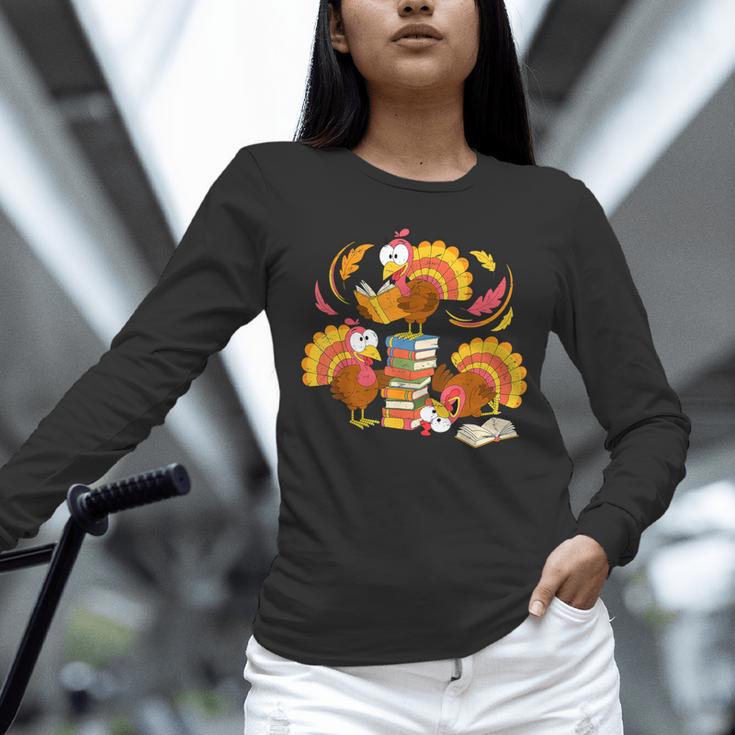 Turkey Reading Books Fall Thanksgiving Teacher Librarian Unisex Long Sleeve T-Shirt