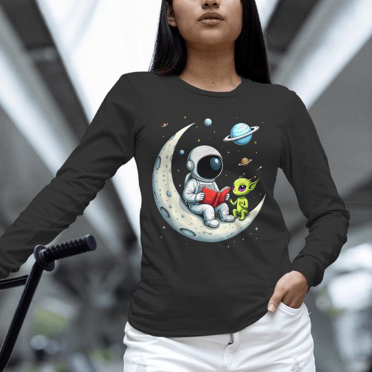 UFO Alien Astronaut Reading Book In Space Unisex Long Sleeve T-Shirt