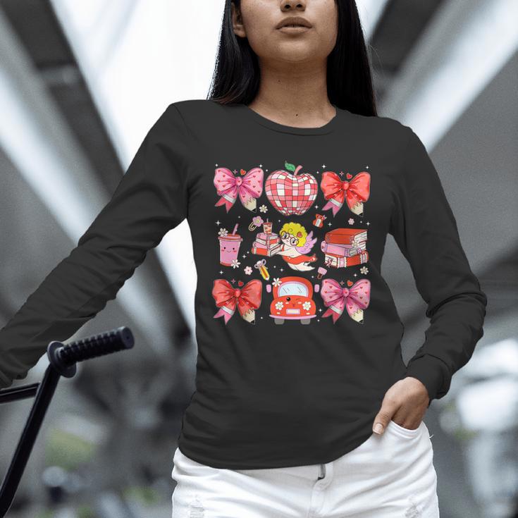 Valentine Cupid Coquette Pink Bow Apple Books Teacher Unisex Long Sleeve T-Shirt