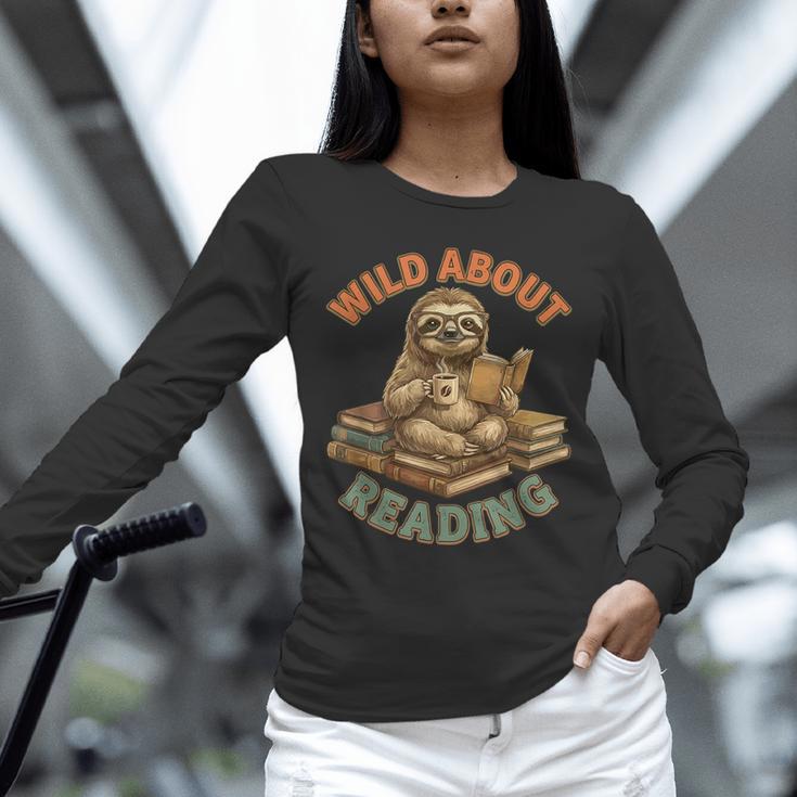 Wild About Reading Sloth Coffee Teacher Book Lover Unisex Long Sleeve T-Shirt