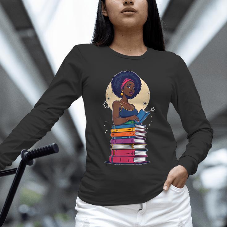 Woman And Books Stack Afro Girl Reading Lover Unisex Long Sleeve T-Shirt Woman And Books Stack Afro Girl Reading Lover Unisex Long Sleeve T-Shirt
