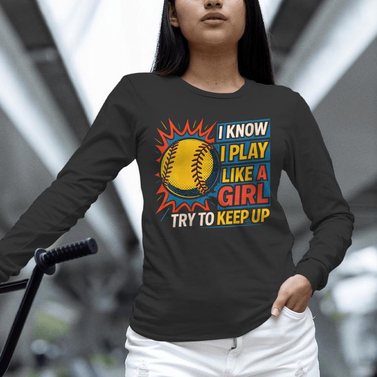 Women's Girls Softball Play Like A Girl Comic Book Pop Art Unisex Long Sleeve T-Shirt Women's Girls Softball Play Like A Girl Comic Book Pop Art Unisex Long Sleeve T-Shirt