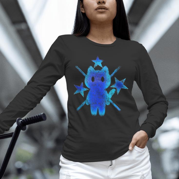 Yk2 Grunge Earthy Blue Cat With Stars Tomboy 90s Nostalgia Unisex Long Sleeve T-Shirt