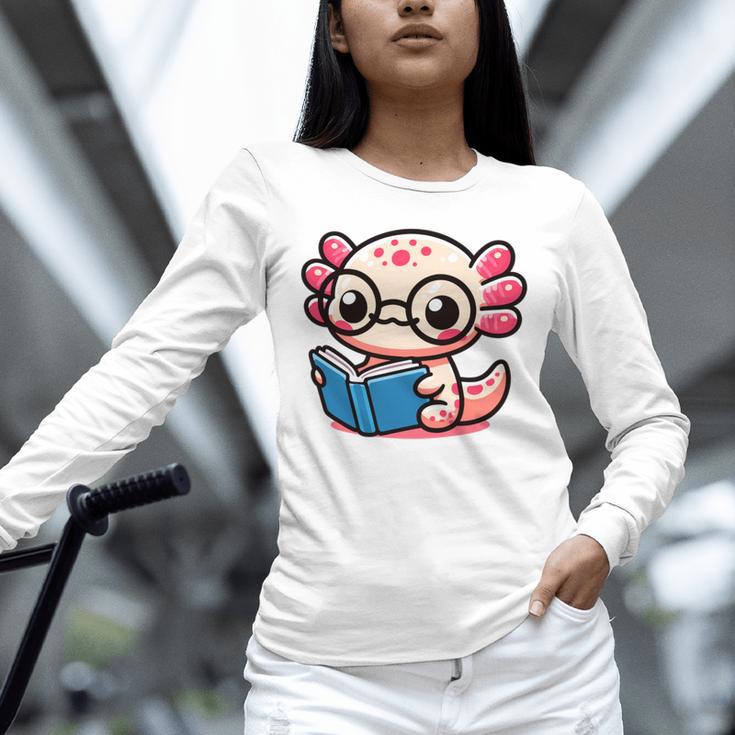 Adorable Book Lover Axolotl With Reading Glasses Cute Unisex Long Sleeve T-Shirt