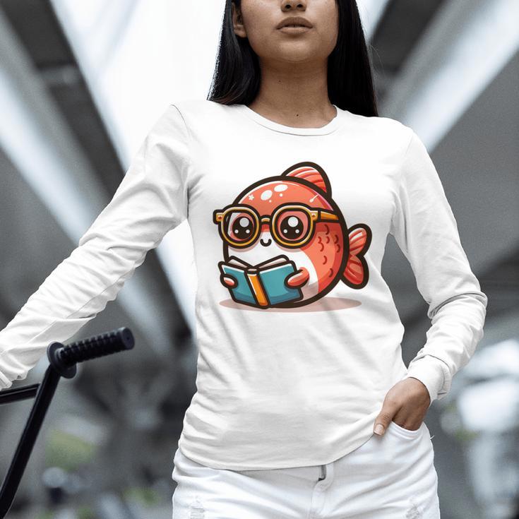 Adorable Book Lover Salmon With Reading Glasses Cute Unisex Long Sleeve T-Shirt