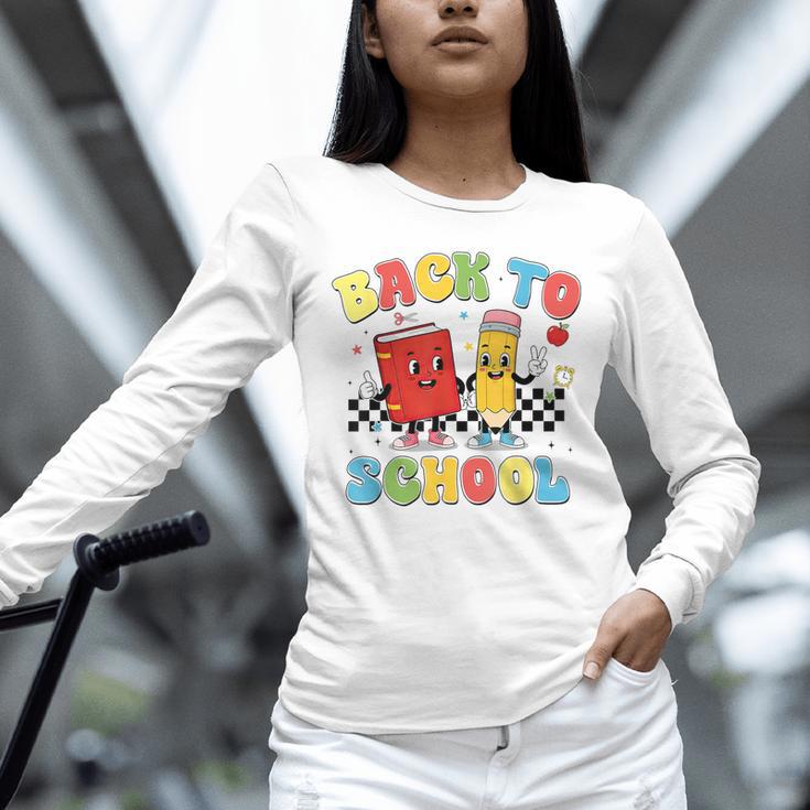 Back To School Checkered Book Pencil Groovy Teacher Student Unisex Long Sleeve T-Shirt