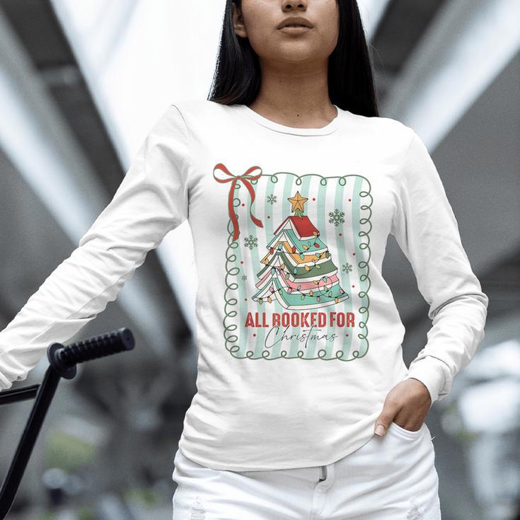 All Booked For Christmas Book Xmas Tree Coquette Bow Lights Unisex Long Sleeve T-Shirt