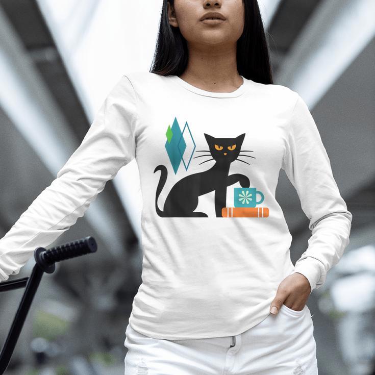 Cat Midcentury With Book And Coffee Atomic Age Mid Century Unisex Long Sleeve T-Shirt