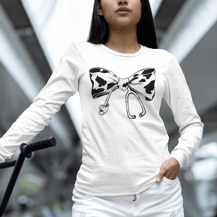 Cow Print Bow And Stethoscope Nurse RN Graduation Coquette Unisex Long Sleeve T-Shirt