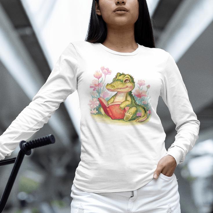 Crocodile Reading Book Watercolor Flowers Kids Unisex Long Sleeve T-Shirt