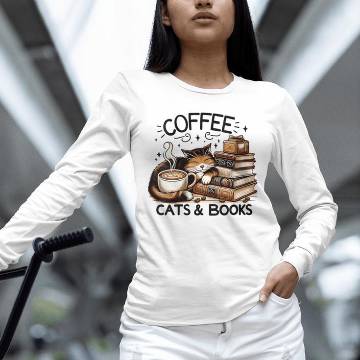 Cute Coffee Cats Books Lover Idea Women Men Kids Unisex Long Sleeve T-Shirt