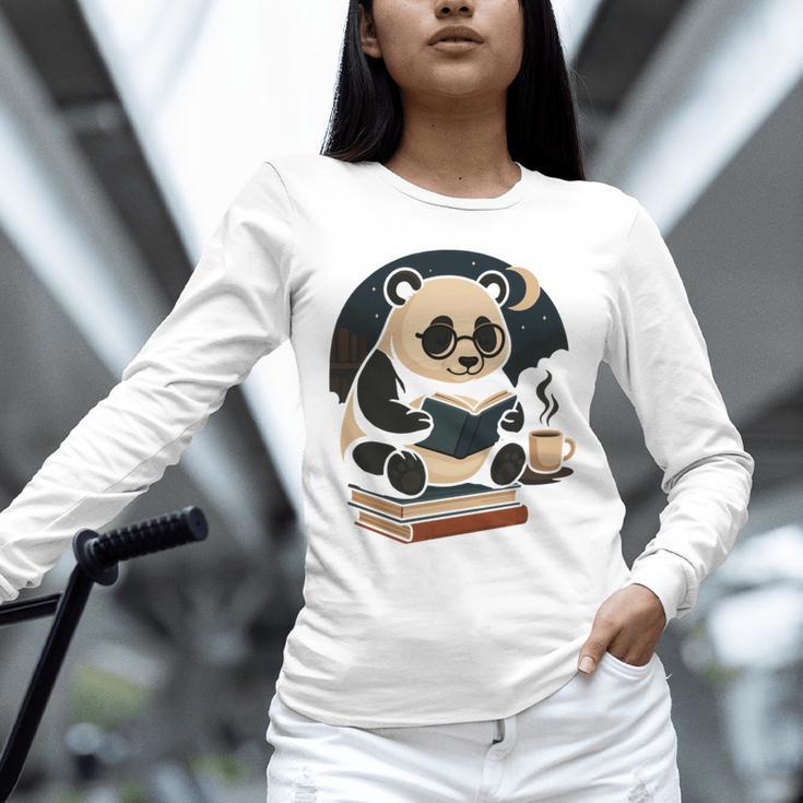 Cute Panda Reading Book Under Moon Bookworm Coffee Lover Unisex Long Sleeve T-Shirt
