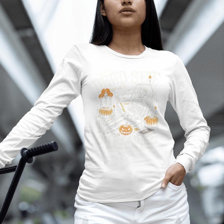Dead Set On Reading Skeleton Halloween Book Lover Unisex Long Sleeve T-Shirt