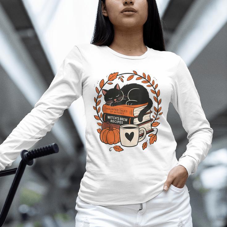Fall Book Teacher Cat Books Halloween Autumn Librarian Unisex Long Sleeve T-Shirt