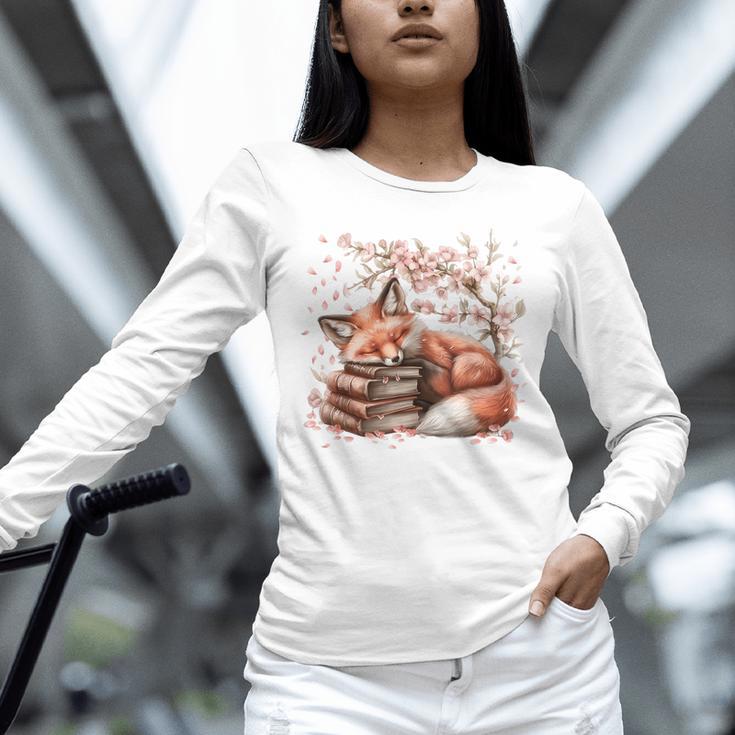 Fox And Book Lover Graphic For Women And Spring Pink Flower Unisex Long Sleeve T-Shirt Fox And Book Lover Graphic For Women And Spring Pink Flower Unisex Long Sleeve T-Shirt