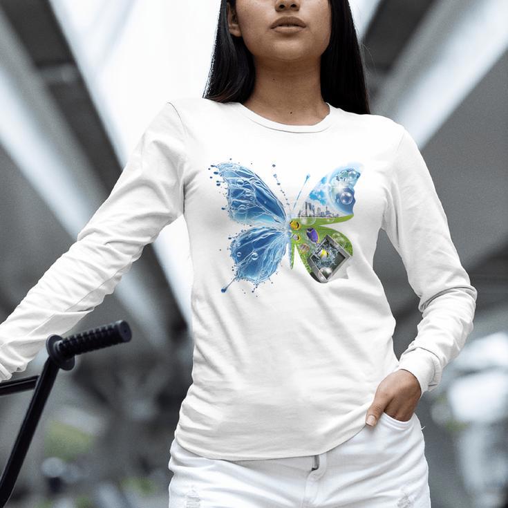 Frutiger Aero Aesthetic Butterfly Computer Fishes Scenery Raglan Baseball Tee Unisex Long Sleeve T-Shirt