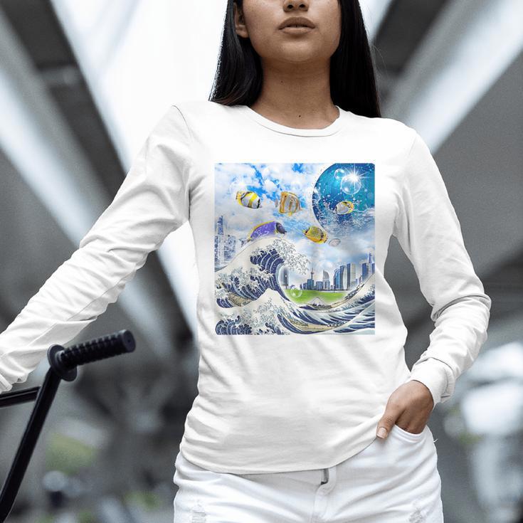 Frutiger Aero Aesthetic Tech Great Wave Of Kanagawa Fishes Raglan Baseball Tee Unisex Long Sleeve T-Shirt