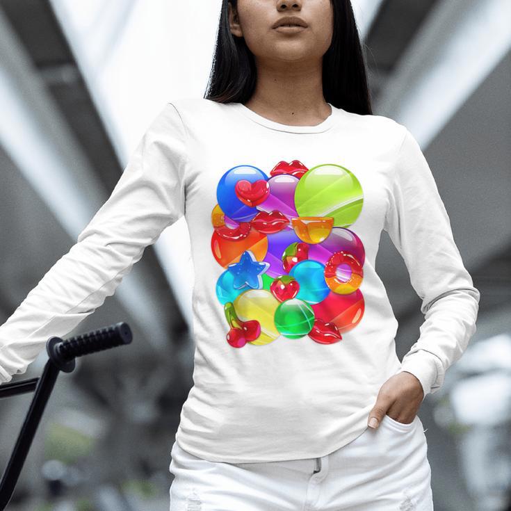 Frutiger Aero Aesthetic Tech Orb Pattern Heart Cherry Lips Raglan Baseball Tee Unisex Long Sleeve T-Shirt