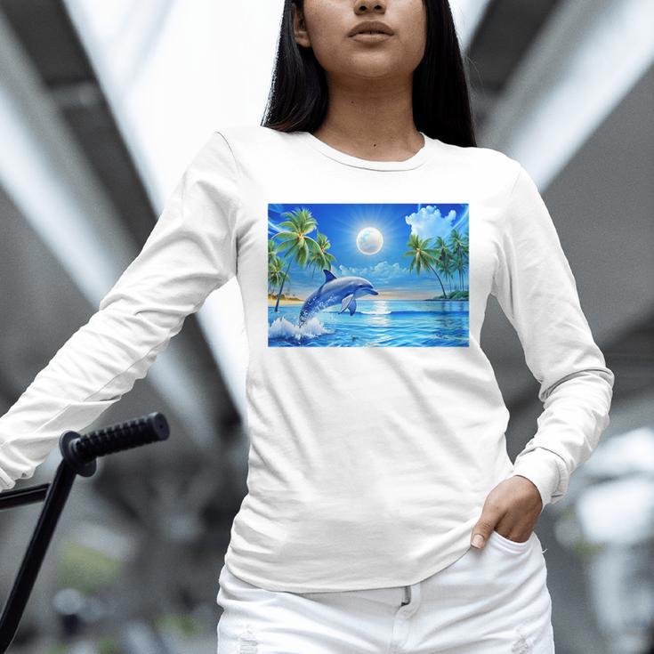 Frutiger Aero Dolphin Sunset Ocean With Palm Trees Y2k Premium Unisex Long Sleeve T-Shirt