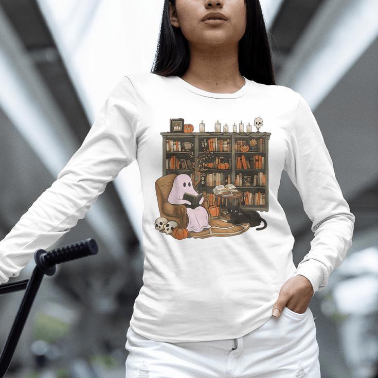 Ghost Reading Book Cat Lover Halloween Reading Enthusiast Unisex Long Sleeve T-Shirt