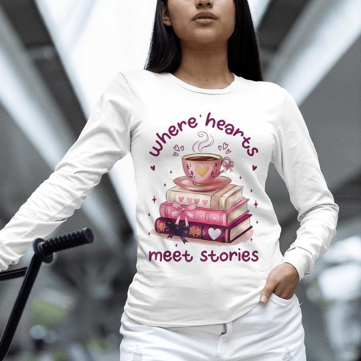 Where Hearts Groovy Meet Stories Coffee Books Valentines Day Unisex Long Sleeve T-Shirt