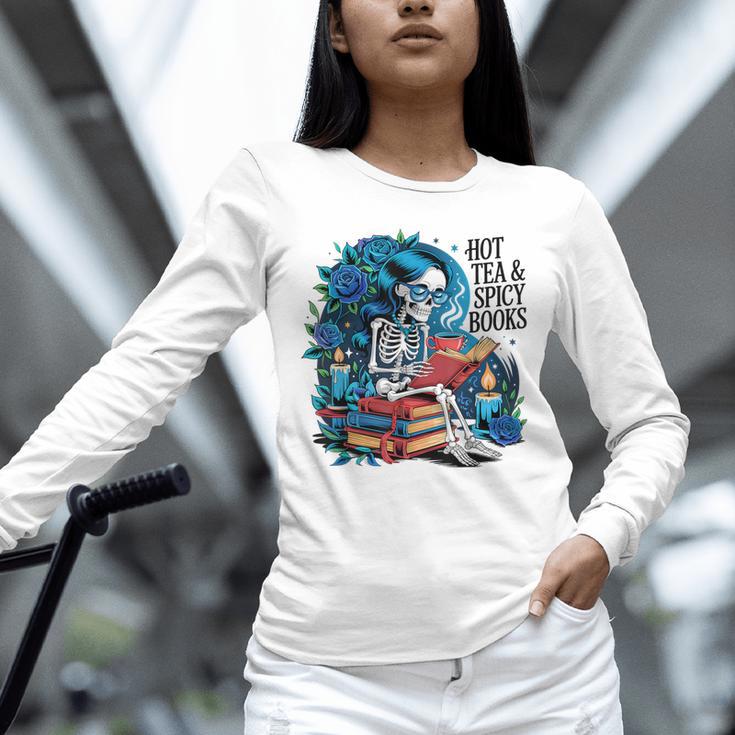 Hot Tea & Spicy Books Skeleton Reader Unisex Long Sleeve T-Shirt Hot Tea & Spicy Books Skeleton Reader Unisex Long Sleeve T-Shirt