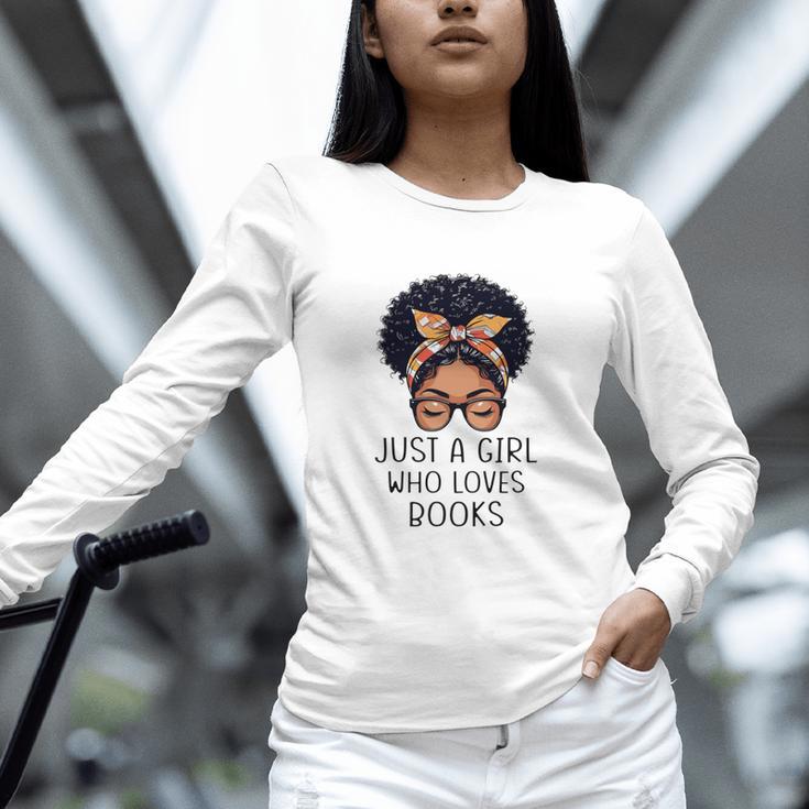 Just a Girl Who Loves Books Messy Bun Black Women Reading Unisex Long Sleeve T-Shirt