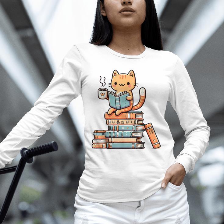 Kawaii Cat Coffee Books Teacher Men Women Girls Kids Unisex Long Sleeve T-Shirt