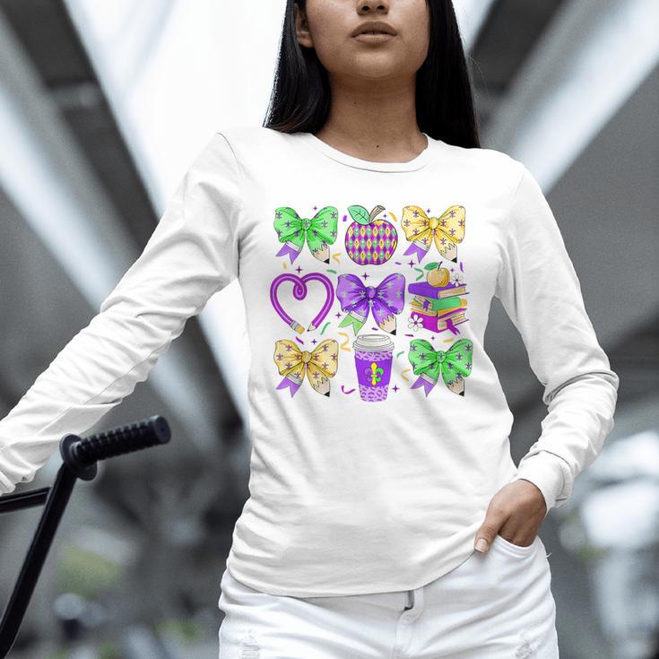 Mardi Gras Teacher Coquette Bow Pencil Apple Book Women Girl Unisex Long Sleeve T-Shirt