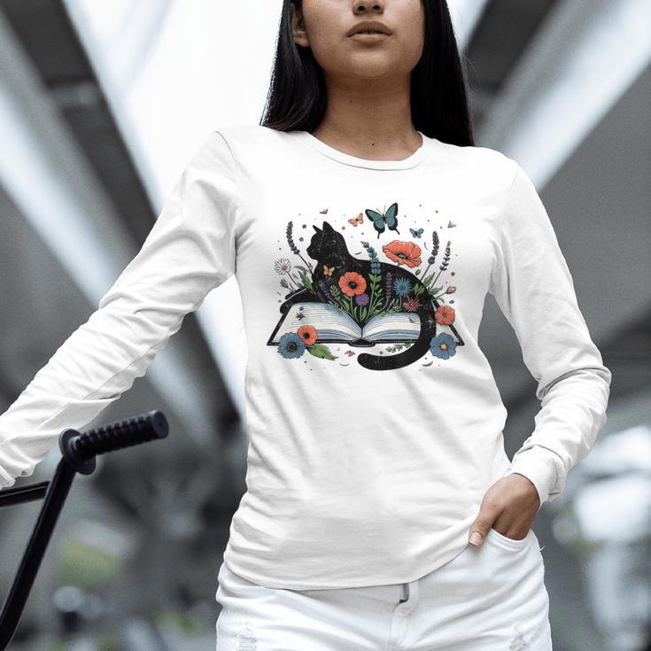 Retro Cute Cat Floral Book Librarian Vintage Floral Cat Book Unisex Long Sleeve T-Shirt