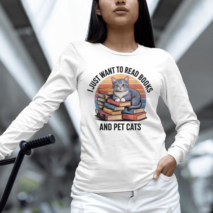 Retro I Just Want To Read Books And Pet Cats Cat Unisex Long Sleeve T-Shirt