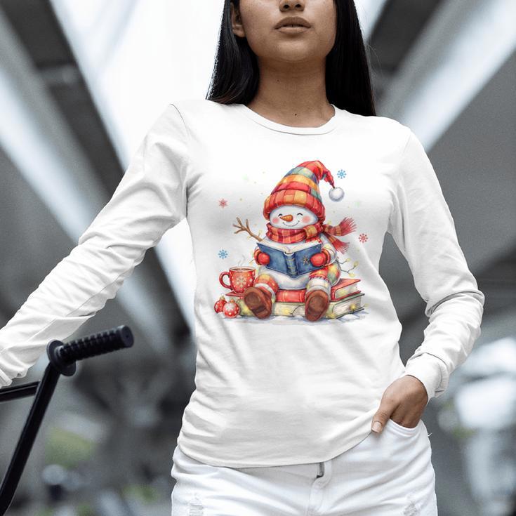 Snowman Reading Books Lovers Christmas Librarian Bookworm Unisex Long Sleeve T-Shirt