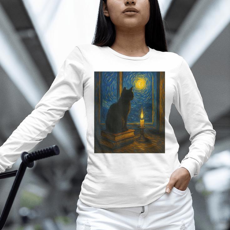 Van Gogh Starry Night Art Cat And Book Lovers Unisex Long Sleeve T-Shirt