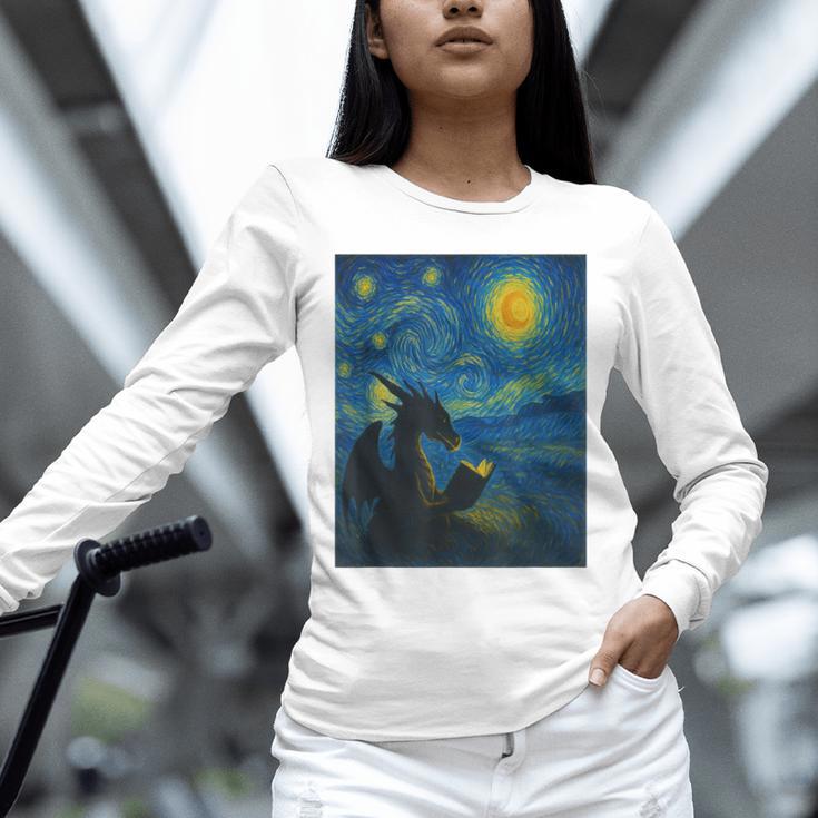 Van Gogh Starry Night Fantasy Reader Dragon Reading Book Unisex Long Sleeve T-Shirt Van Gogh Starry Night Fantasy Reader Dragon Reading Book Unisex Long Sleeve T-Shirt