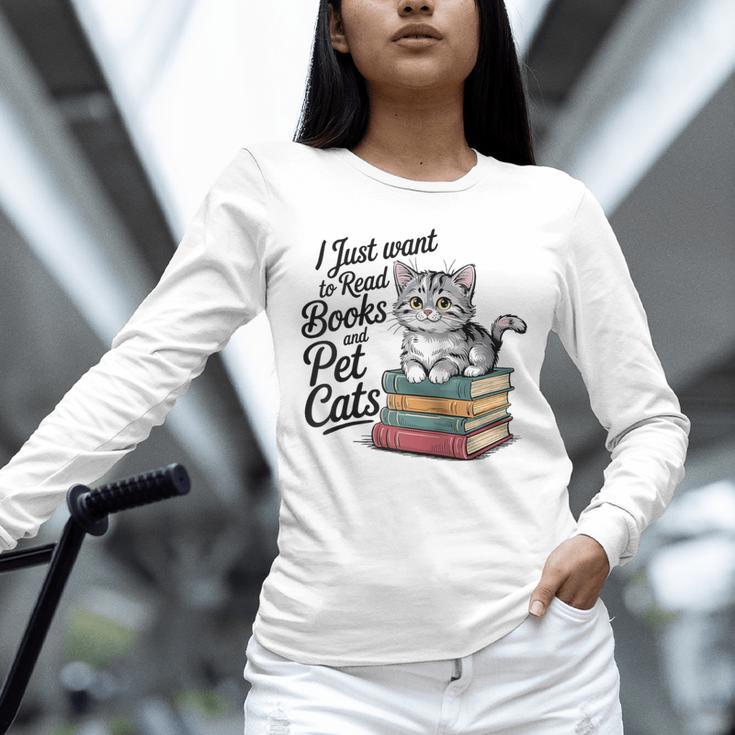 Vintage I Just Want To Read Books And Pet Cats Cat Raglan Baseball Tee Unisex Long Sleeve T-Shirt