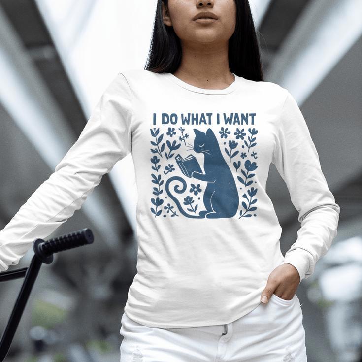 I Do What I Want Cat Reading Book Boho Flowers Vintage Unisex Long Sleeve T-Shirt